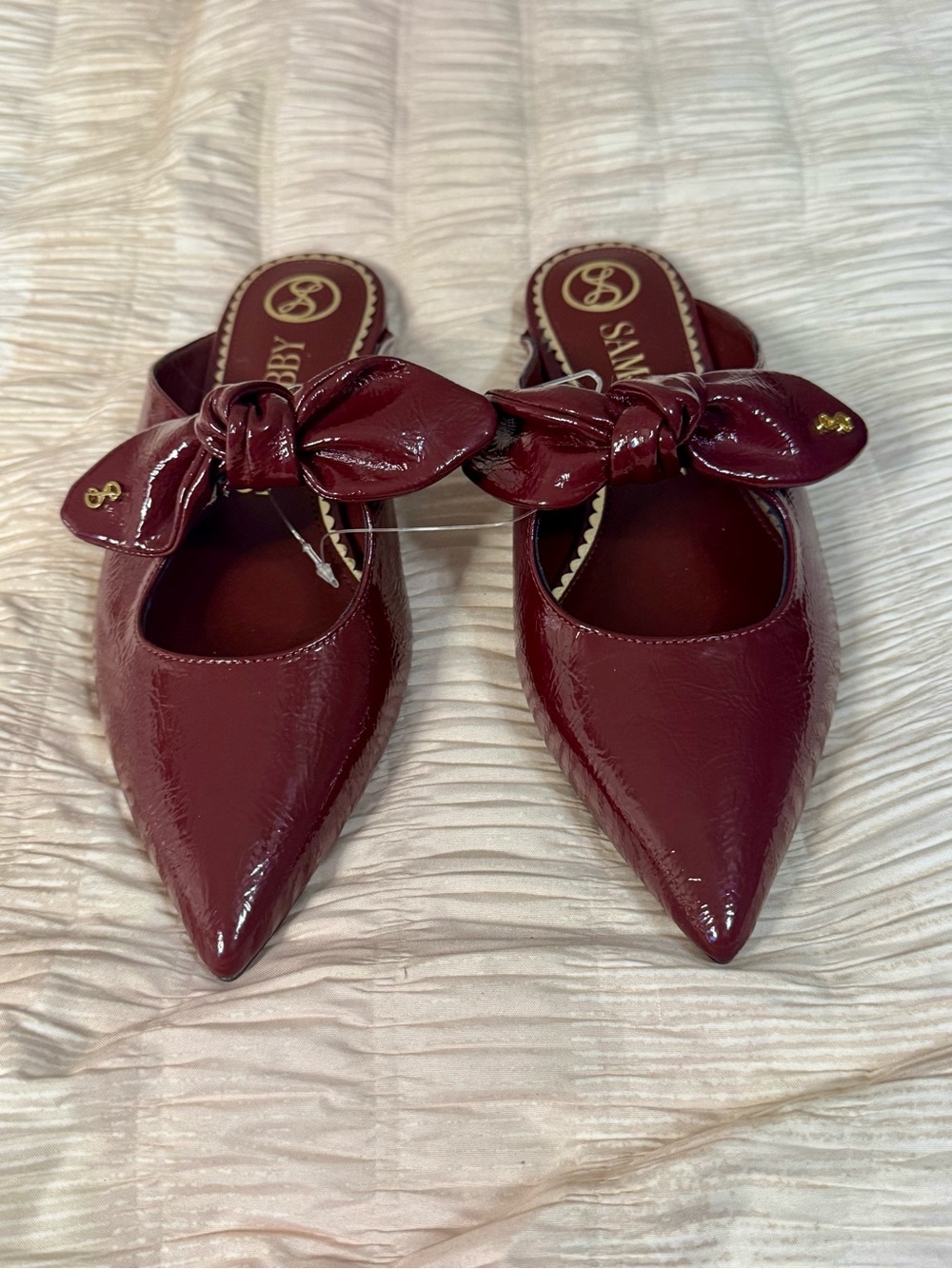 Sam and Libby Patent Leather Pointed Bow Mules — Burgundy